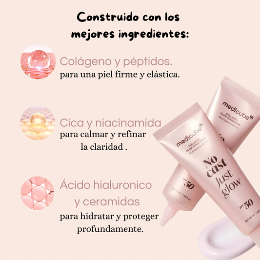 Protector solar con colágeno SPF 50 – hidratante, sin residuo blanco y efecto glow.