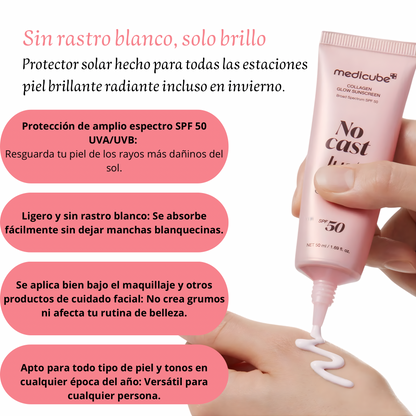 Protector solar con colágeno SPF 50 – hidratante, sin residuo blanco y efecto glow.