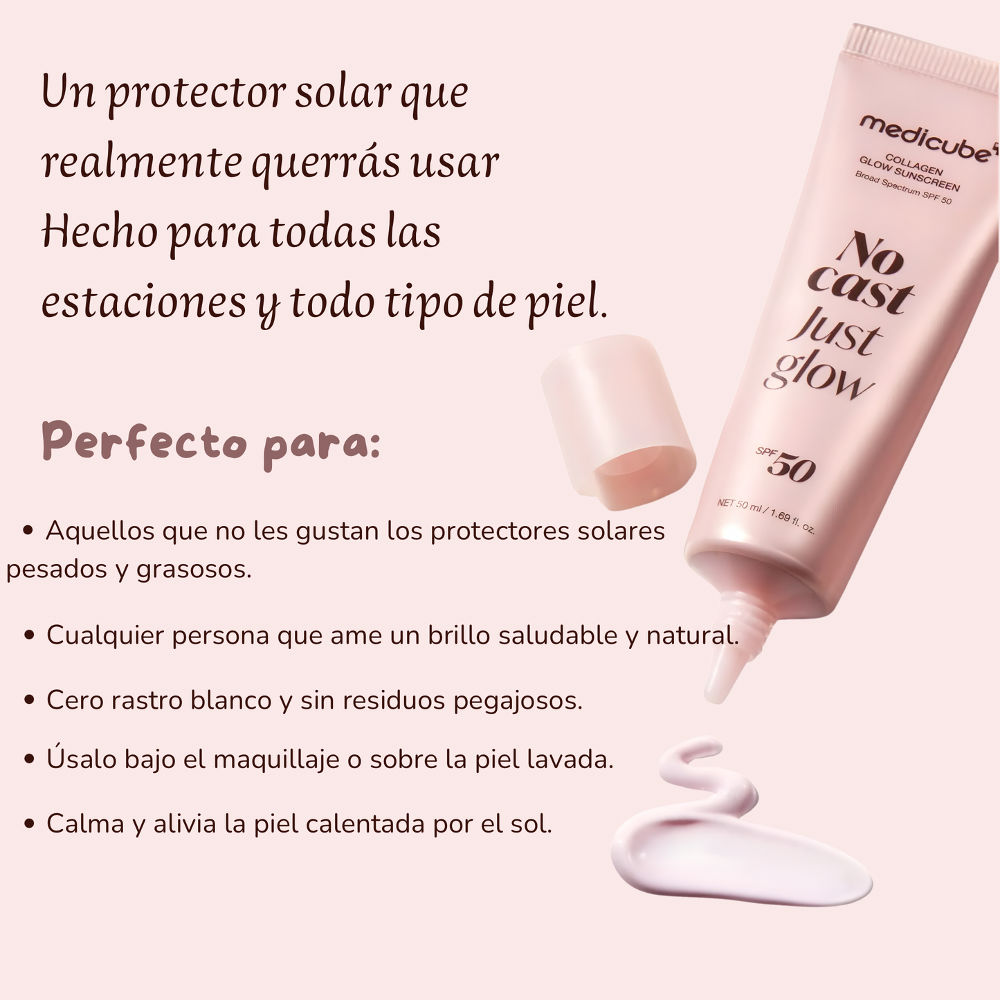 Protector solar con colágeno SPF 50 – hidratante, sin residuo blanco y efecto glow.
