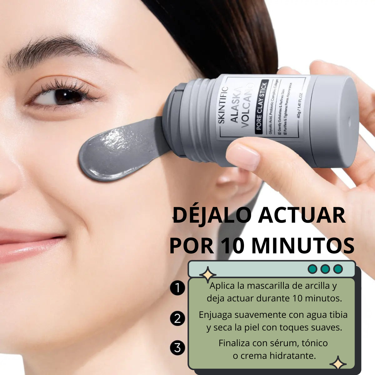 Mascarilla en stick de arcilla volcánica para limpieza de poros y puntos negros.