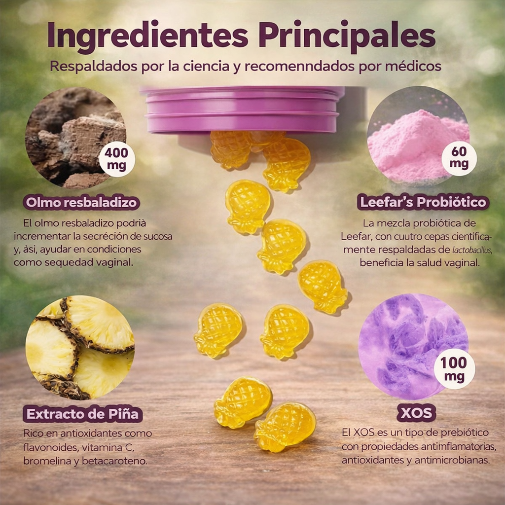 Gomitas probióticas femeninas para equilibrio del ph e hidratación.